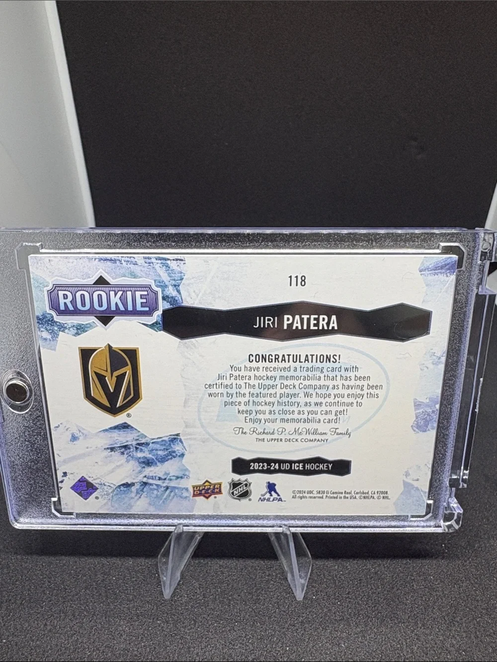 Upper Deck Jiri Patera Golden Knights Rookie Trading Card - Black Jersey Patch